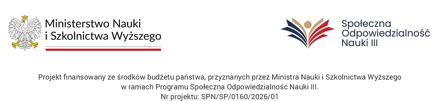 SpołecznaODP_Nauki3 stopka projektowa - logotyp Ministerstwa Nauki i Szkolnictwa Wyższego oraz Społecznej Odpowiedzialności Nauki 3 wraz z informacją o finansowaniu przez nie.